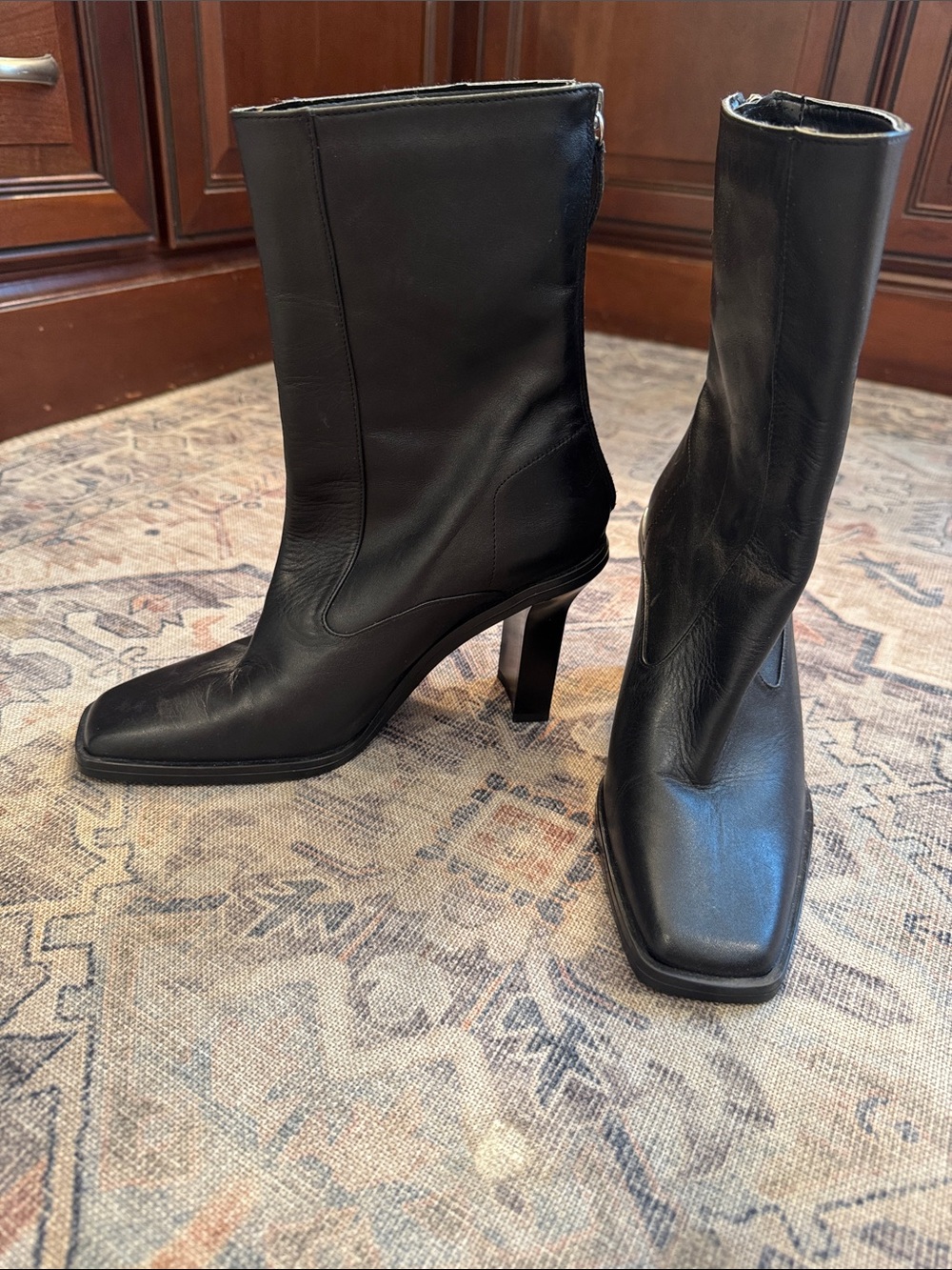 Zara Black Square-Toe Mid-Calf Leather Heeled Boots